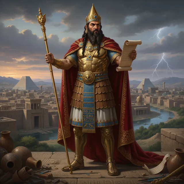 Dramatic visualization of Nebuchadnezzar's dream statue with gold head, silver chest, bronze thighs, iron legs, and clay feet in ancient Babylonian throne room