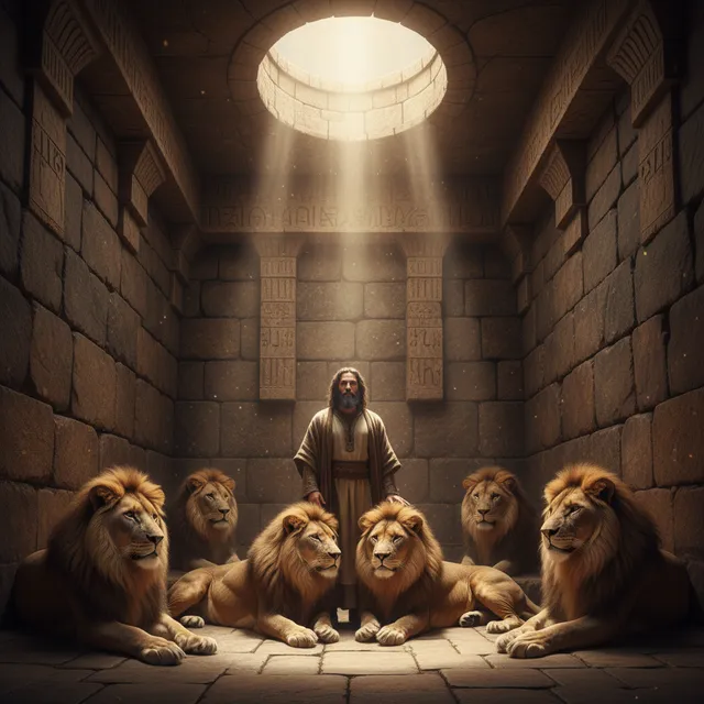 Daniel standing calmly in a dark stone pit surrounded by majestic lions, divine light streaming down from above, ancient Babylonian setting