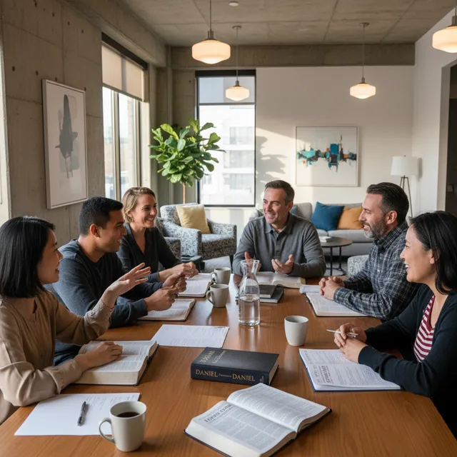 Diverse group of adults studying Bible together in modern setting, Daniel commentary and study guides visible, engaged discussion