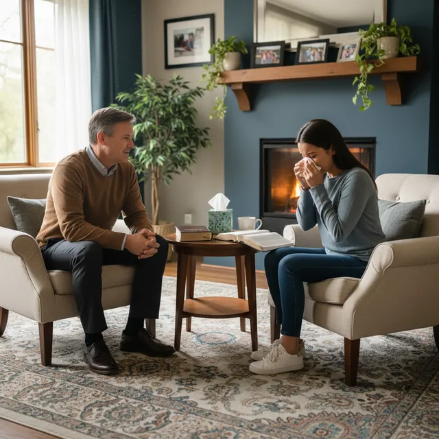 Pastor or counselor meeting with person in comfortable office with open Bibles, compassionate supportive body language in warm professional atmosphere