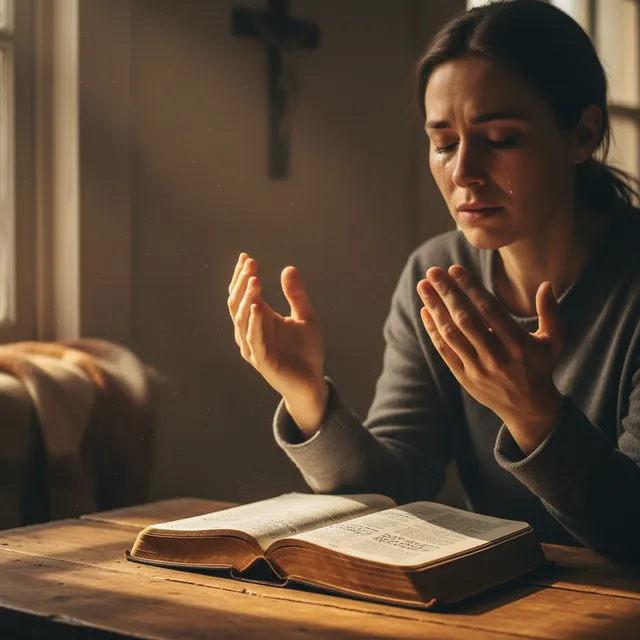 Person with hands raised in prayer, expression of surrender with Bible open in soft golden light, atmosphere of honest prayer with God