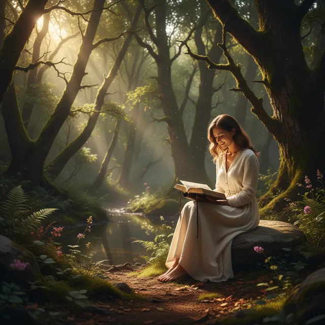 Person sitting outdoors in peaceful natural setting with Bible in lap, early morning light breaking through trees, expression of quiet hope