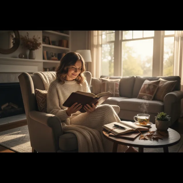 Person sitting in soft morning light reading Bible with contemplative hope, cozy home setting with blanket and tea, journaling nearby