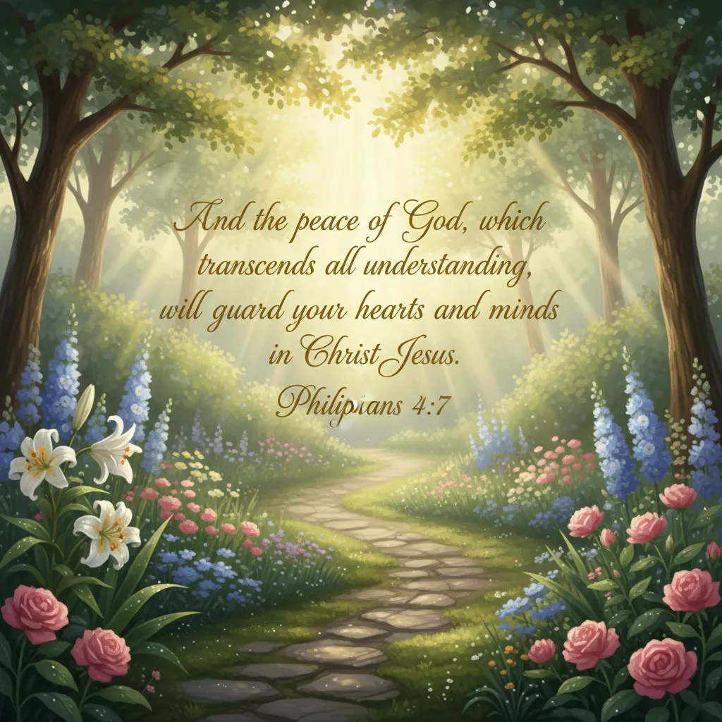 A peaceful garden at dawn with morning dew on flowers, soft rays of sunlight breaking through trees