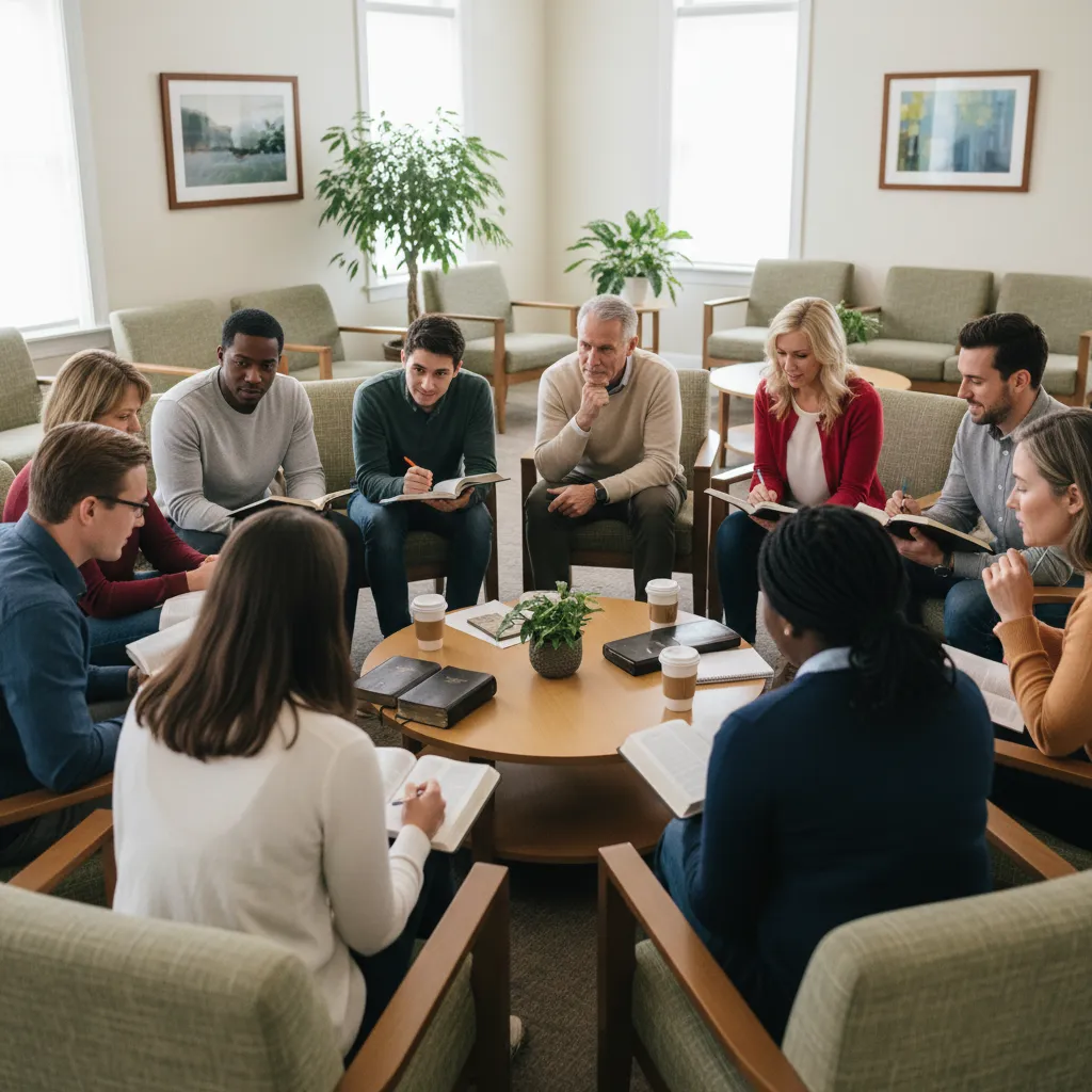 Diverse group in discussion circle formation at Bible study, mixture of young adults and middle-aged people holding Bibles and notebooks, engaged in animated conversation in modern church fellowship hall