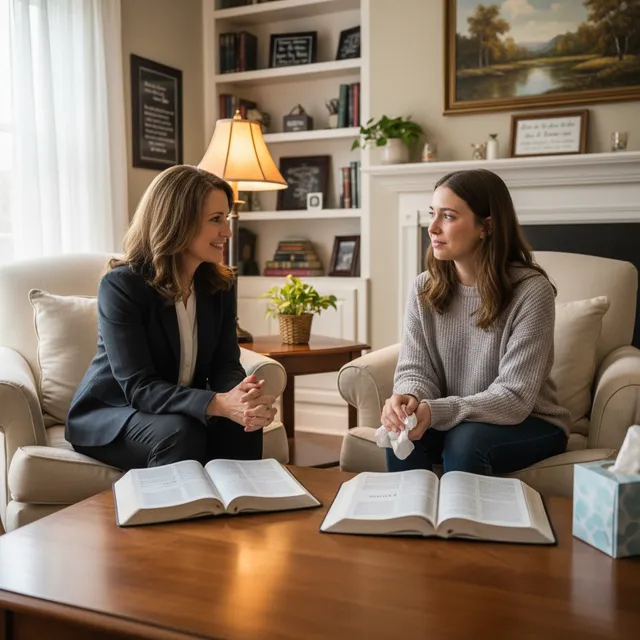 Christian counselor meeting with person going through divorce with open Bibles