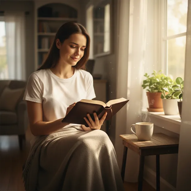 Person sitting alone in soft morning light reading Bible during divorce recovery