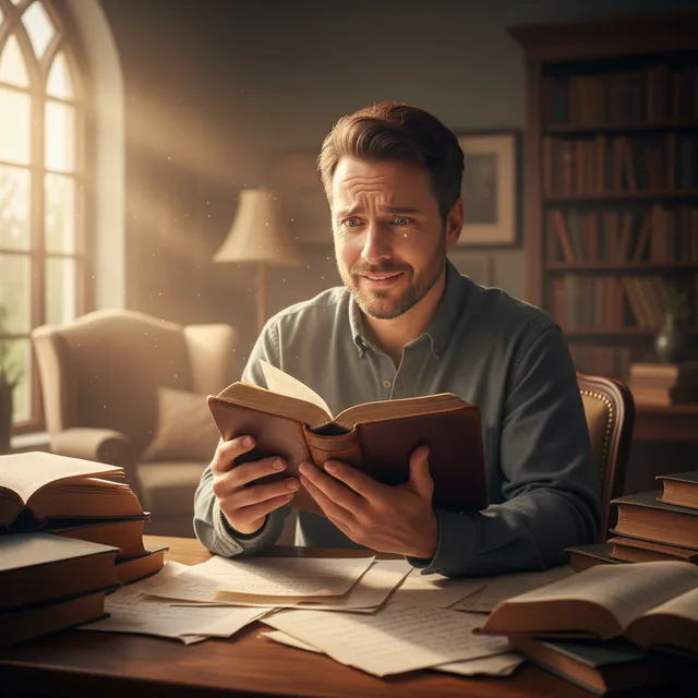Person having moment of insight while reading Bible, expression showing clarity and understanding