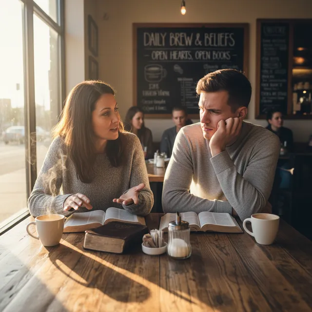 Two people in deep conversation over coffee and open Bibles, discussing faith doubts in supportive setting