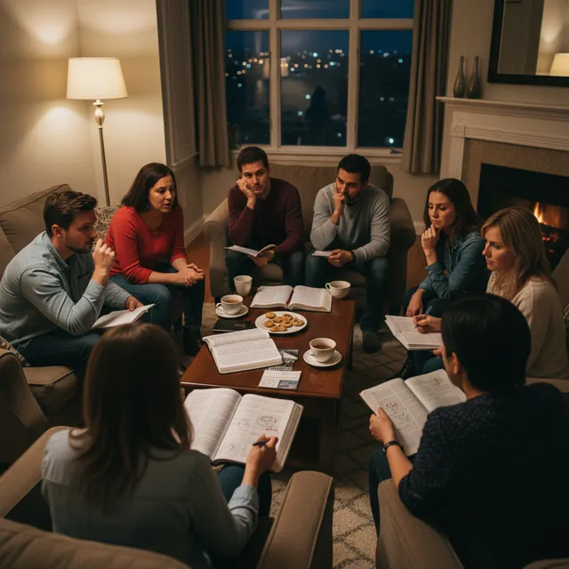 Small diverse group in living room having respectful discussion with Bibles, doubt-friendly small group meeting
