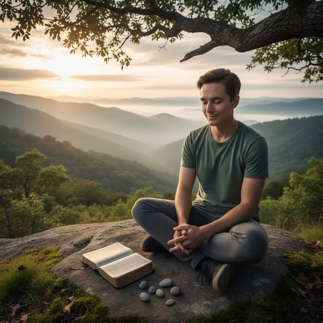 Person in peaceful moment of prayer with Bible nearby, expression of settled peace despite unanswered questions
