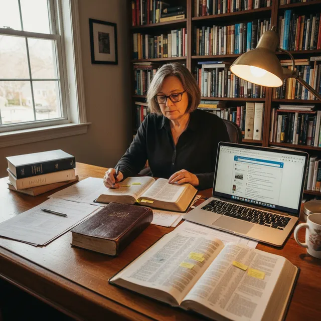 Person at desk with Bible, laptop showing scholarly articles, and reference books open, researching evidence for faith