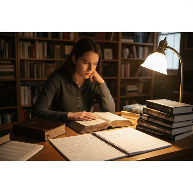 Person sitting alone at desk with Bible open, notebook filled with questions and notes, thoughtful expression while wrestling with faith questions