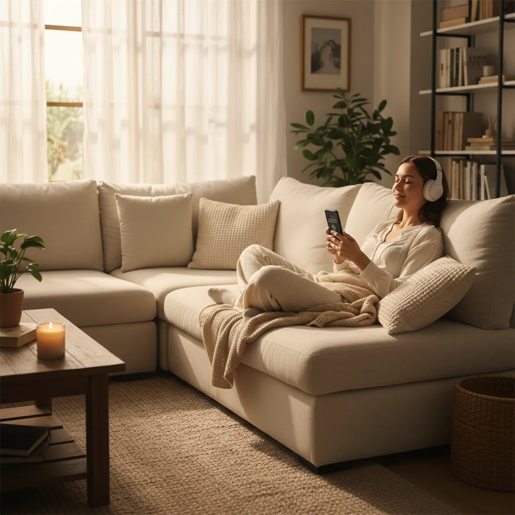 Person with headphones relaxed on comfortable couch listening to audio Bible on smartphone, peaceful engaged expression, living room setting with soft natural light