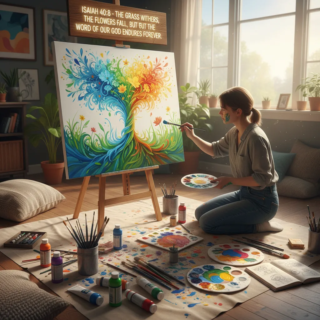 Person creating colorful art in response to Scripture verse displayed above their artwork, paint brushes and art supplies visible, creative worship and Bible engagement