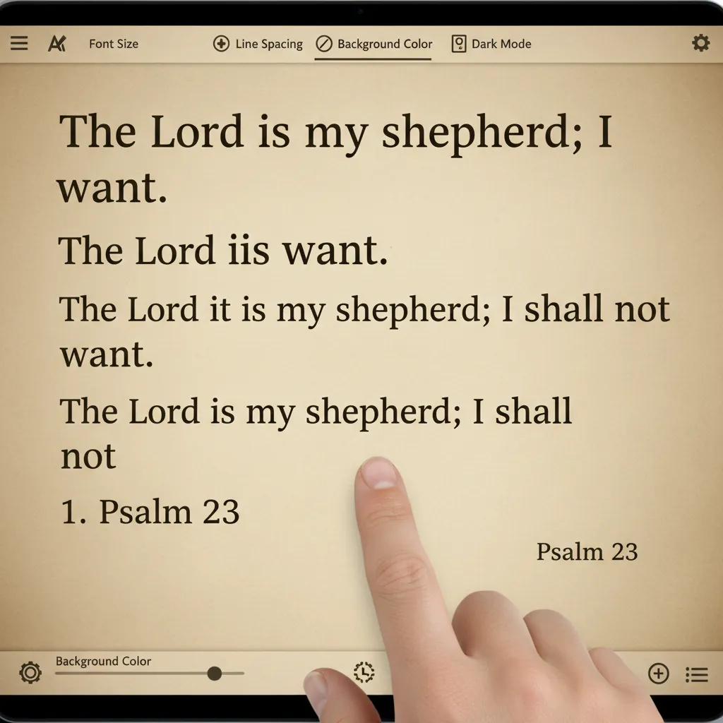Close-up of tablet screen showing Bible text in OpenDyslexic font with increased spacing and tinted background, finger scrolling through passage, clear readable text format