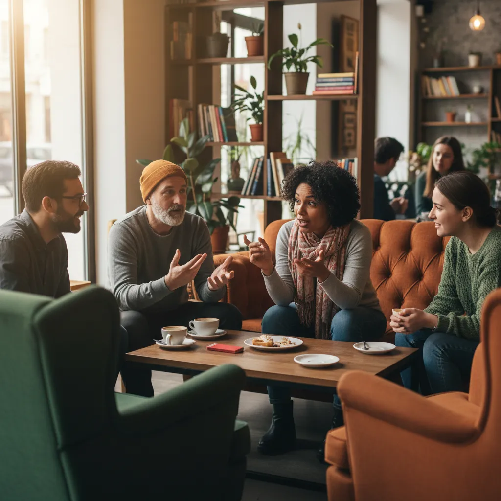Small group of diverse adults in animated discussion about Bible passage, coffee shop setting with comfortable seating, engaged expressions and hand gestures