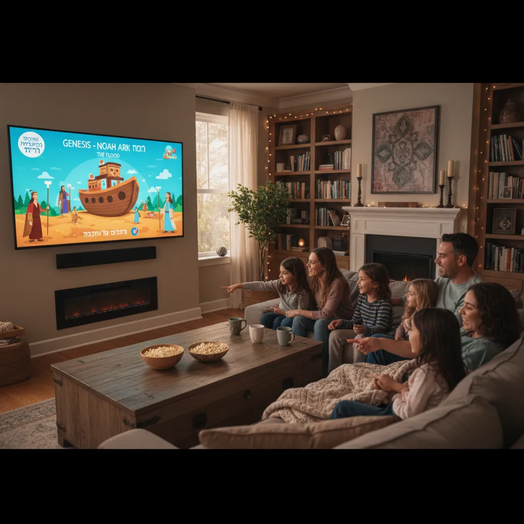 Family gathered around large TV screen watching Bible video teaching together, cozy living room setting, engaged expressions, visual Bible study content displayed on screen