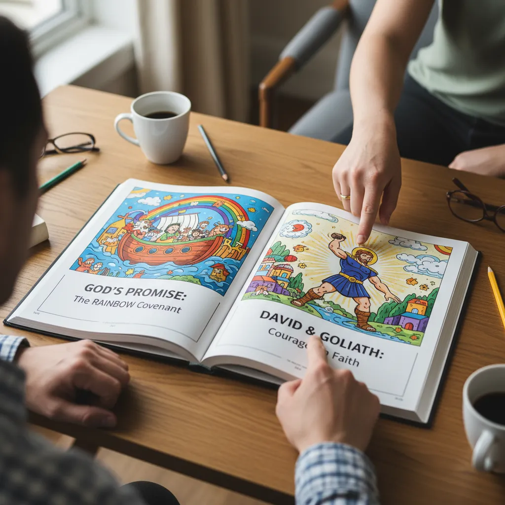 Colorful illustrated Bible open on table showing beautiful artwork and Scripture, person pointing at visual elements, bright engaging images depicting biblical narrative