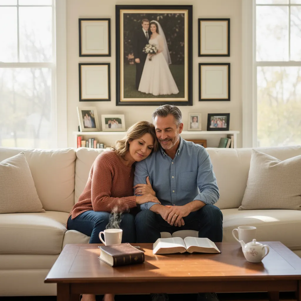 Couple in their 50s sitting together on comfortable living room couch with Bibles open on coffee table, natural morning light, peaceful atmosphere