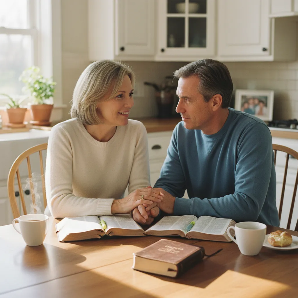 Mature couple in their 50s sitting together at kitchen table with Bibles open, engaged in discussion with morning light