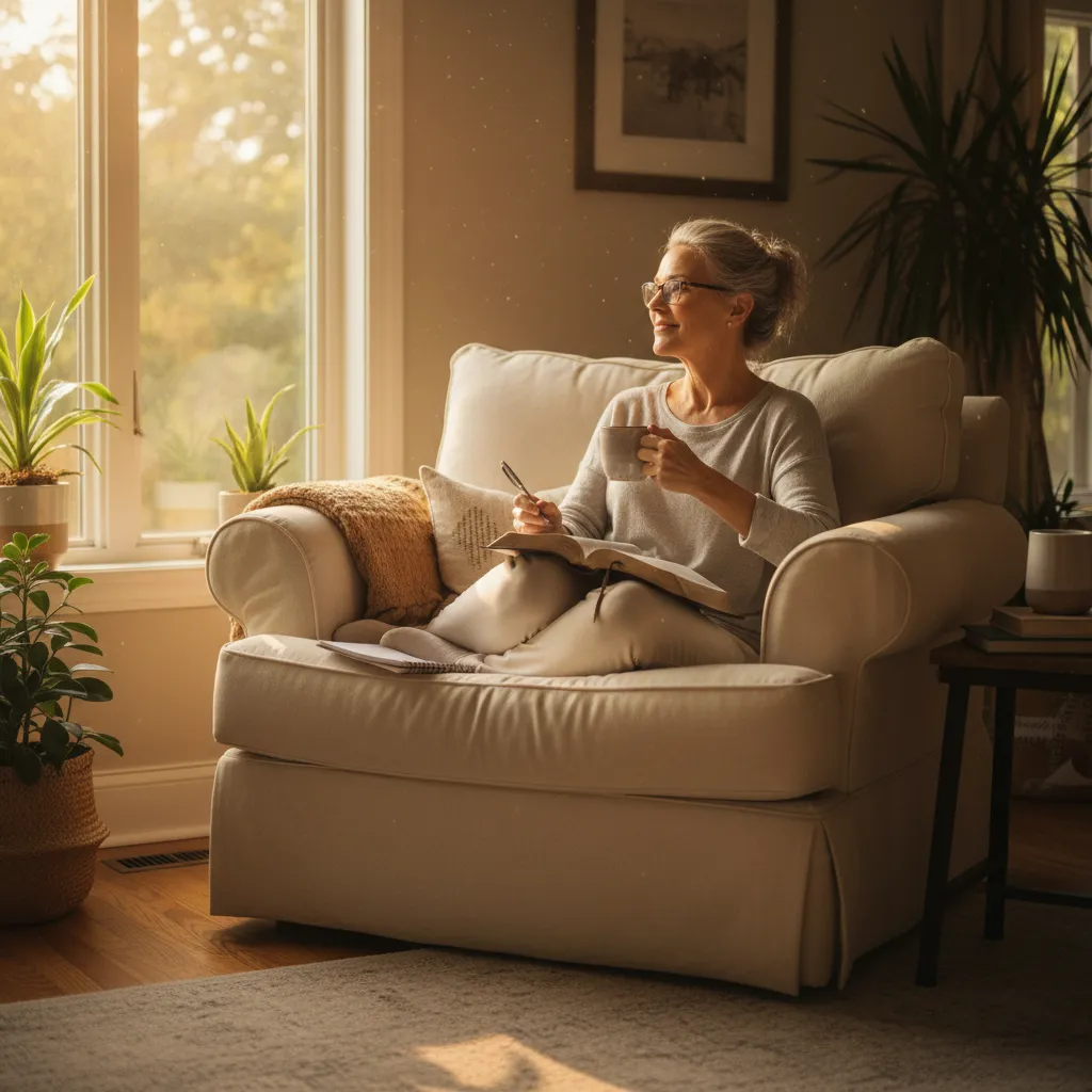 Person in their 50s-60s sitting by window with morning coffee and open Bible, journaling in peaceful sunlit room