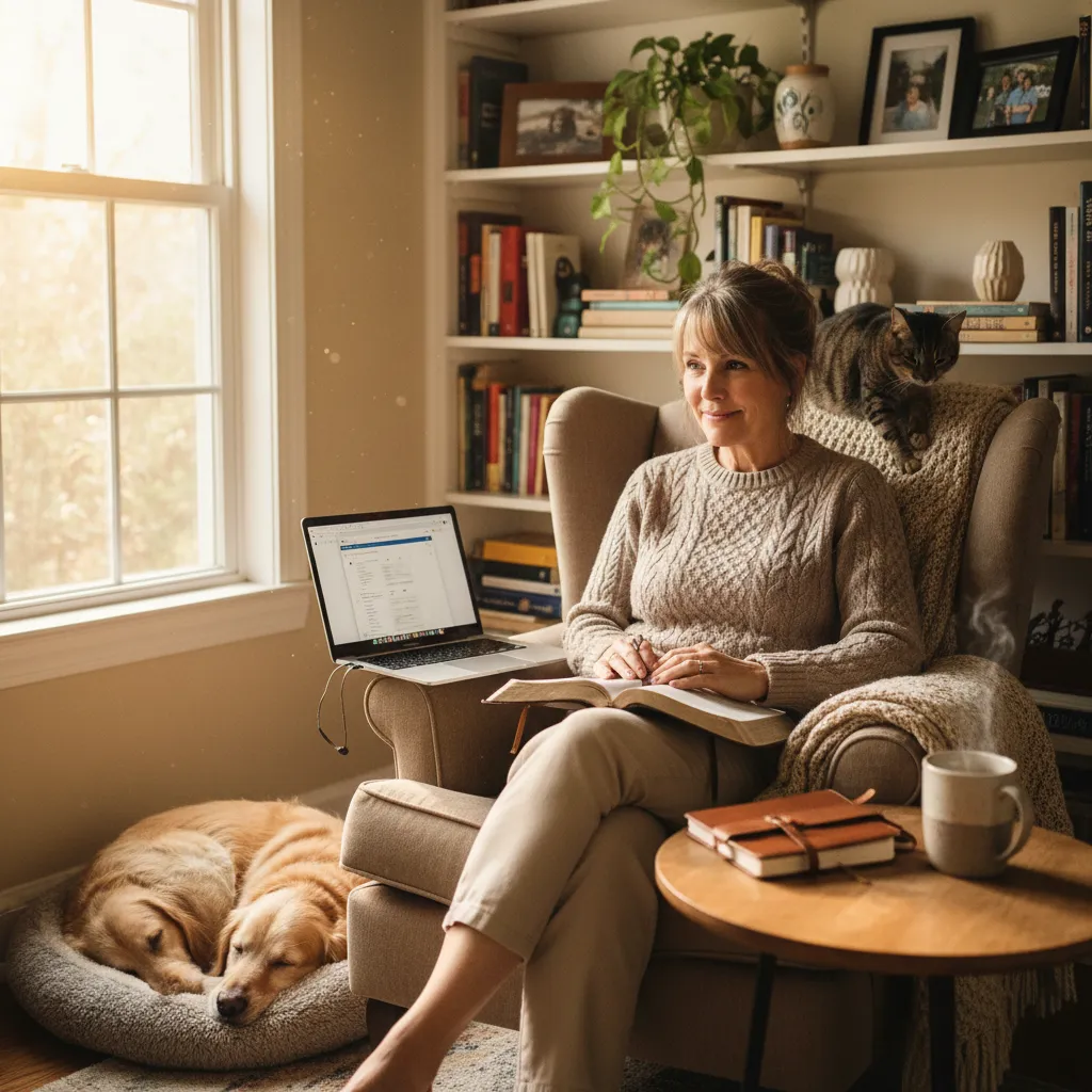 Empty nester in cozy home office with Bible, journal, laptop, and coffee, peaceful morning routine in organized space