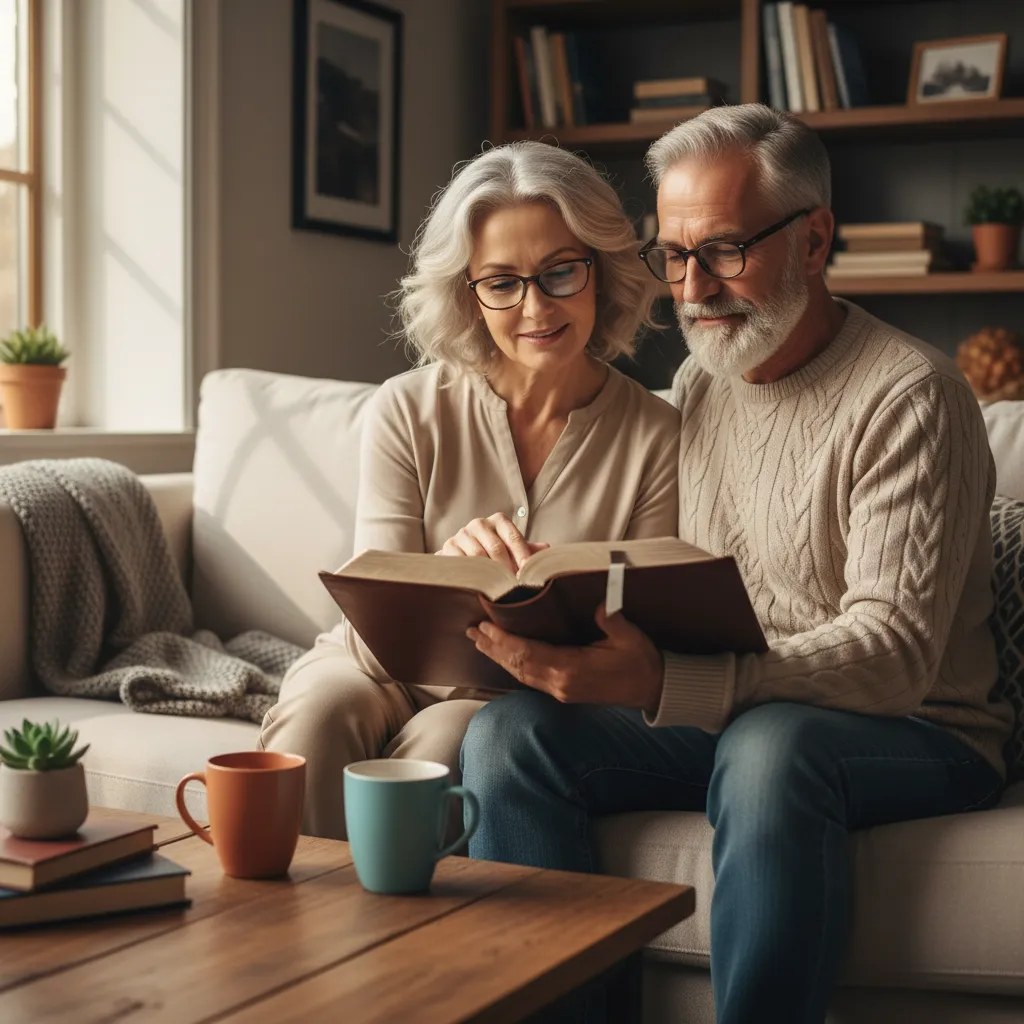Mature couple in their 50s-60s reading Bible together on comfortable couch, showing shared spiritual life in empty-nest season