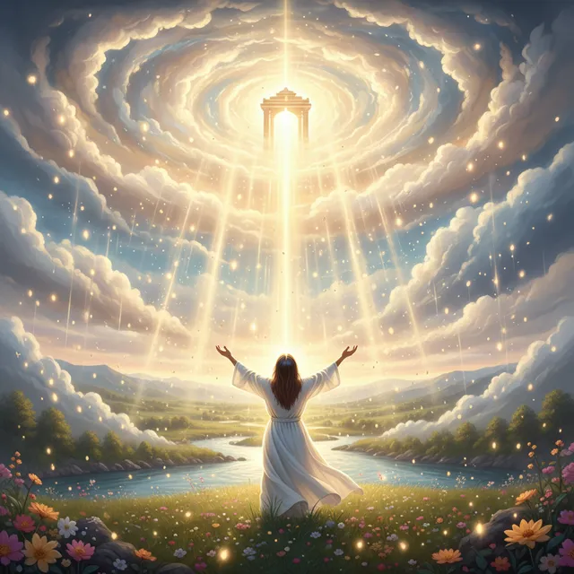 Majestic heavenly scene with golden light streaming down representing spiritual blessings, ethereal clouds and divine radiance