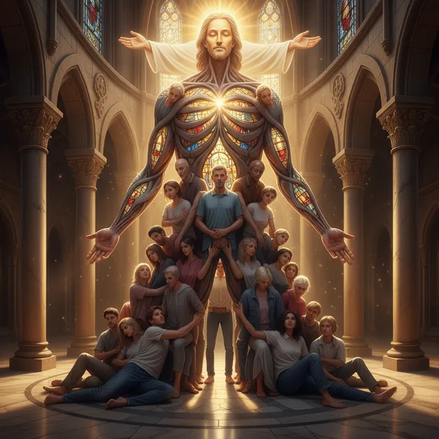 Diverse people forming one unified body with Christ as the head, interconnected members supporting each other