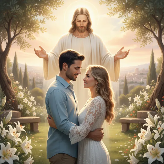 Loving couple with Christ's presence represented as light between them, beautiful wedding atmosphere