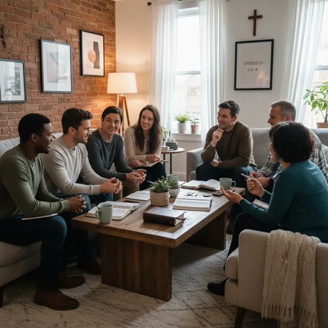 Diverse group of adults studying Ephesians together in comfortable setting with open Bibles and notebooks