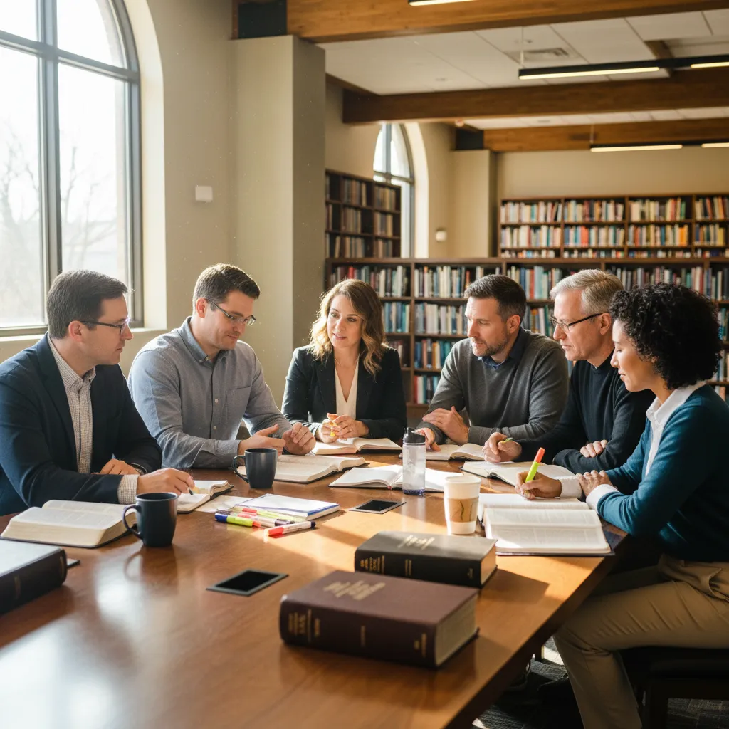 Diverse small group of adults studying ESV Bibles together in a modern seminary classroom