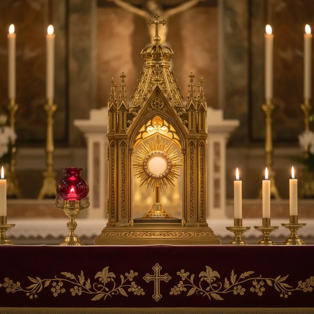 Ornate golden Catholic tabernacle with sacred host in monstrance and sanctuary lamp glowing red