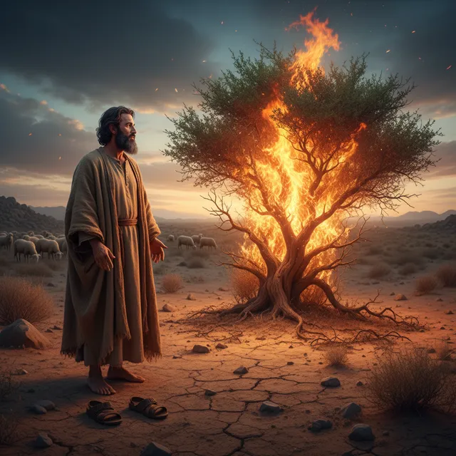 Moses standing barefoot before the burning bush in the desert wilderness, encountering God's presence