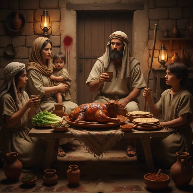 Ancient Israelite family gathered for Passover meal with lamb and unleavened bread