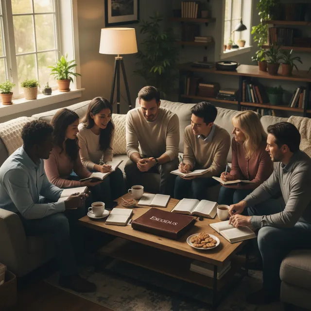 Diverse group studying the Book of Exodus together with open Bibles