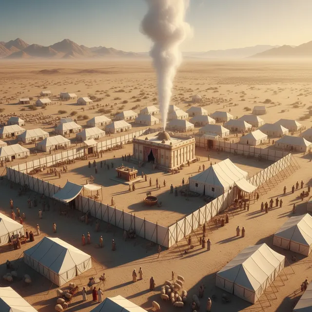 Detailed view of the tabernacle in the wilderness with pillar of cloud above