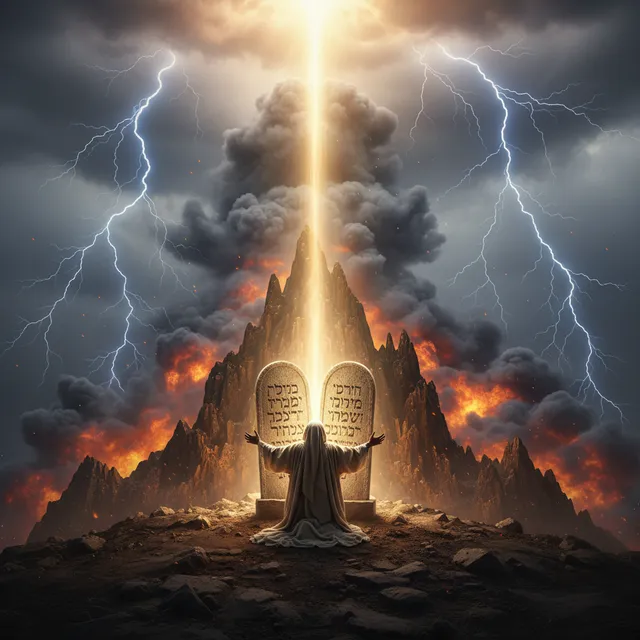 Moses on Mount Sinai receiving the stone tablets with Ten Commandments