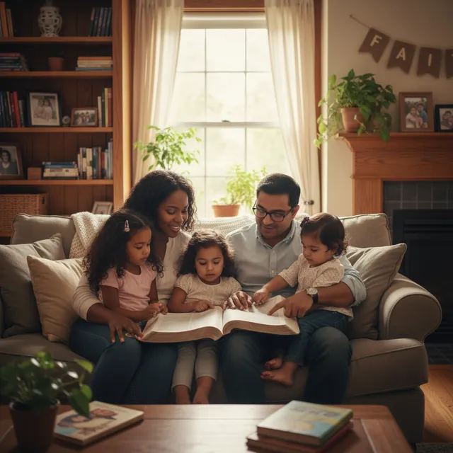 Family sitting together reading Bible about faith with parents and children engaged