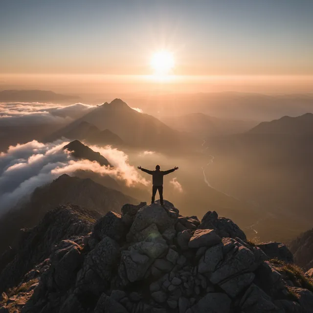 Person standing on mountain overlook at sunrise with arms outstretched in worship