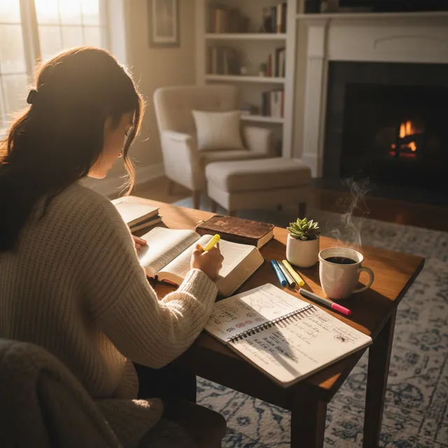 Person studying Bible early morning with coffee and journal, exploring faith passages in Hebrews