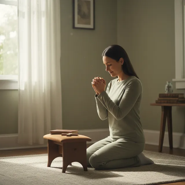 Person kneeling in prayer with hands clasped in quiet room with soft natural lighting