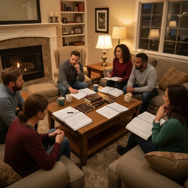 Diverse small group of adults studying Bible together about faith in cozy living room