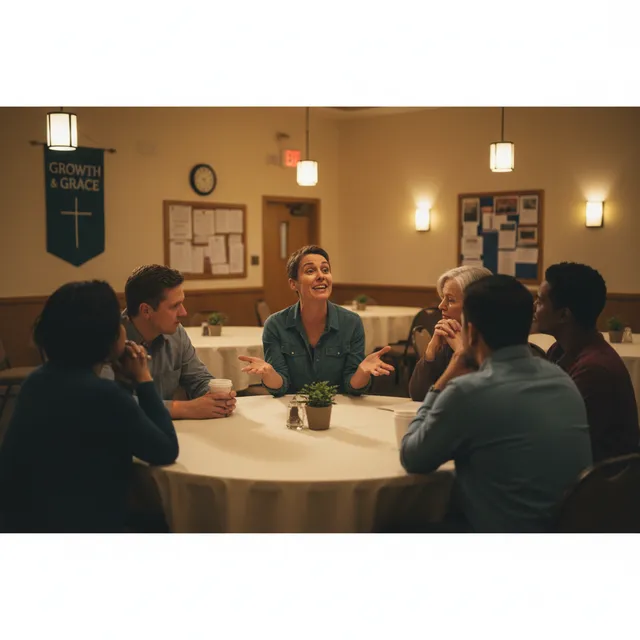 Person sharing testimony with small group in church fellowship hall setting