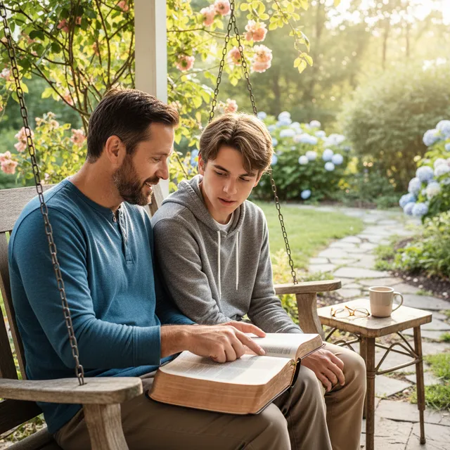 Father and teenage son reading the Bible together, sharing a meaningful moment of faith