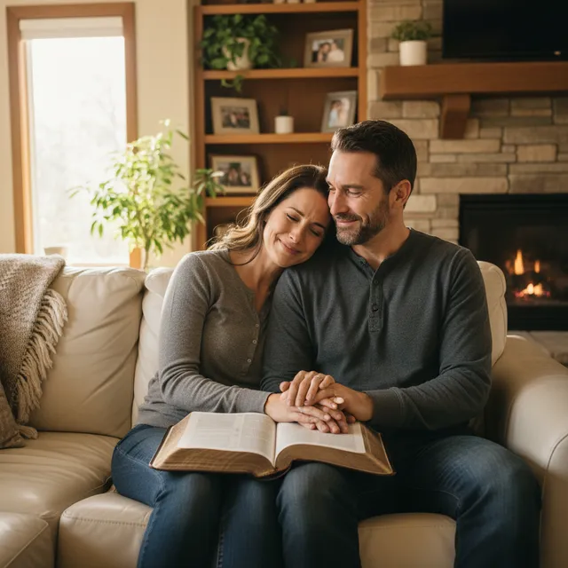 Couple studying Bible together on couch, holding hands and experiencing reconciliation through Scripture