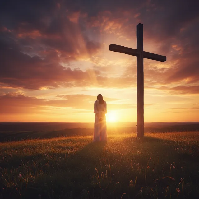 Wooden cross silhouetted against sunrise, symbolizing redemption and Christ's sacrifice for forgiveness