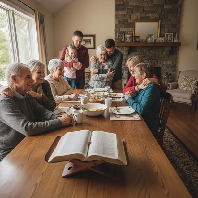 Multi-generational family gathered around table with Bible, experiencing reconciliation and healing