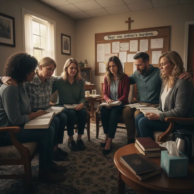 Diverse small group of adults in supportive Bible study circle discussing forgiveness